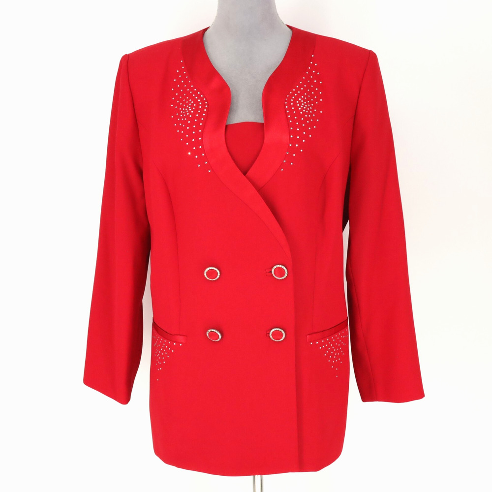 Moshita Couture Jacket Womens 16 Red Lined Double Breasted Rhinestones Blazer